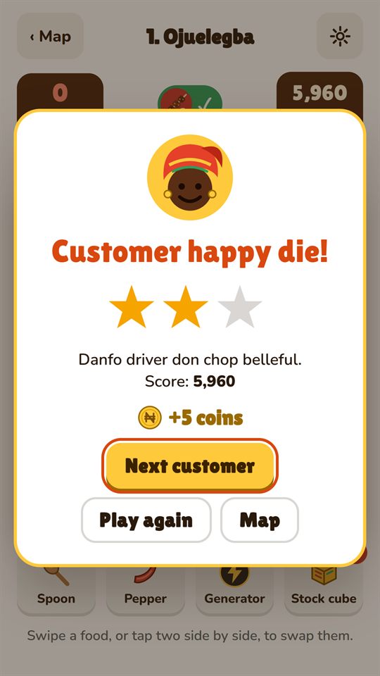 The level complete screen with stars and coins
